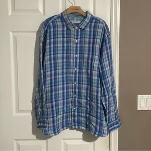 Tommy Bahama Shirt Mens XL Plaid Blue 100% Linen Preppy Summer Casual Party Top